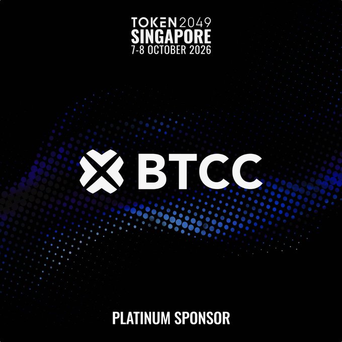 The image displays a TOKEN2049 Singapore promotional graphic (7-8 October 2026) featuring the BTCC logo prominently in the center against a dark background with a blue dotted wave design, identifying BTCC as a "Platinum Sponsor" of the event. This visually reinforces the accompanying announcement of BTCC—founded in 2011 and serving 12M+ users globally—as one of the event's platinum sponsors.