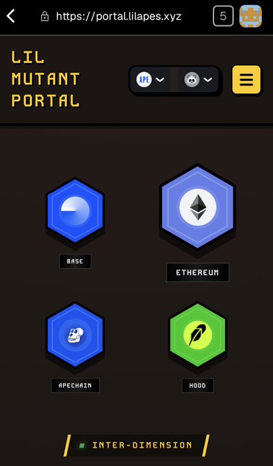 The image shows the "LIL MUTANT PORTAL" website at portal.lilapes.xyz, displaying four blockchain options as hexagonal icons: Base, Ethereum, Apechain, and Hood, with an "INTER-DIMENSION" button at the bottom for the NFT minting portal. This aligns with the post's instructions to access the portal and adjust MetaMask gas settings to low for cost savings.