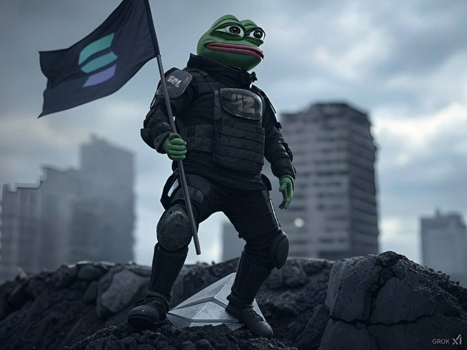 A Pepe the Frog figurine stands triumphantly on rubble in tactical black gear, holding a flag bearing the Solana logo and a vest marked "72" (likely referencing Solana's ticker SOL). The ruined cityscape backdrop reinforces the post's bullish declaration that "solana will win" amid crypto market battles.