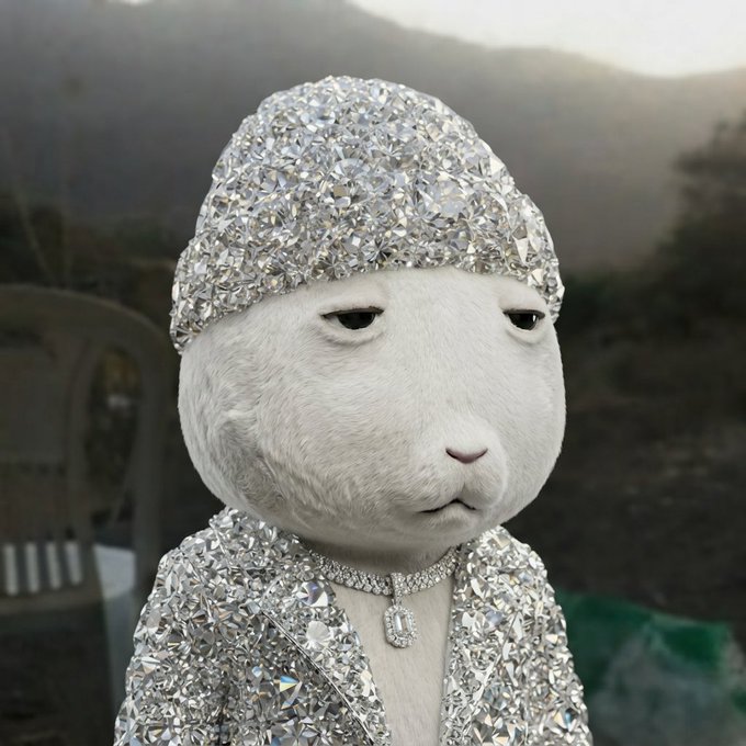 A white cat with a deadpan expression is dressed in an extravagant outfit completely covered in sparkling diamonds, including a jewel-encrusted cap and jacket with a chain. The image humorously illustrates the "diamond hands" meme—a popular term in investing/crypto culture symbolizing an investor's unwavering commitment to holding onto assets despite volatility—by depicting a literal cat adorned head-to-toe in diamonds, paired with the "Good morning diamond hands" greeting.