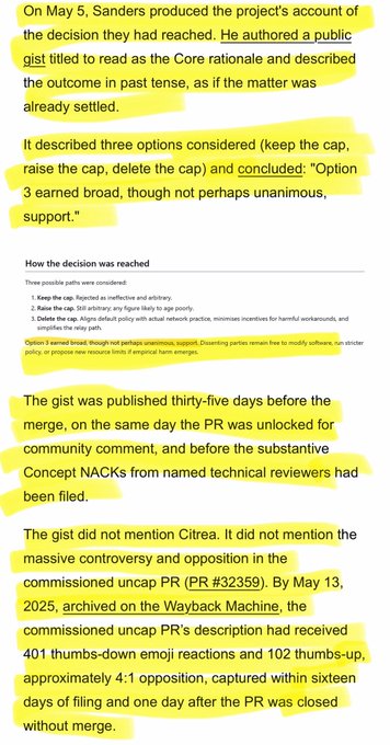 A text excerpt showing the Concept NACKs GitHub project's public statement authored by Gregory Sanders, which described the decision to delete the cap as having "broad, though not perhaps unanimous, support"—language published 35 days before the controversial merge, contrasting with the project's later narrative presented in PR #32359.