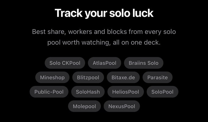 A minimalist black graphic titled 'Track your solo luck' listing various cryptocurrency mining pools including Solo CKPool, AtlasPool, Braiins Solo, Mineshop, Blitzpool, Bitaxe.de, Parasite, Public-Pool, SoloHash, HeliosPool, SoloPool, Molepool, and NexusPool.