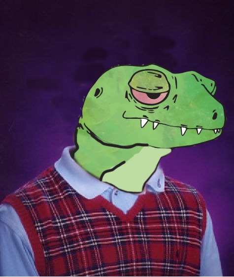 An illustration shows a person wearing a red plaid vest over a blue collared shirt, but with a green cartoon dinosaur head instead of a human head, set against a purple background.