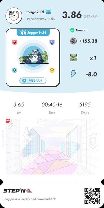A STEP'N app screenshot for user 'torigaku01' showing a Jogger Lv24 NFT sneaker, with stats of 3.65 km, 00:40:16 time, 5195 steps, 3.86 GST/Min, +155.38 earnings, and -8.0 energy.
