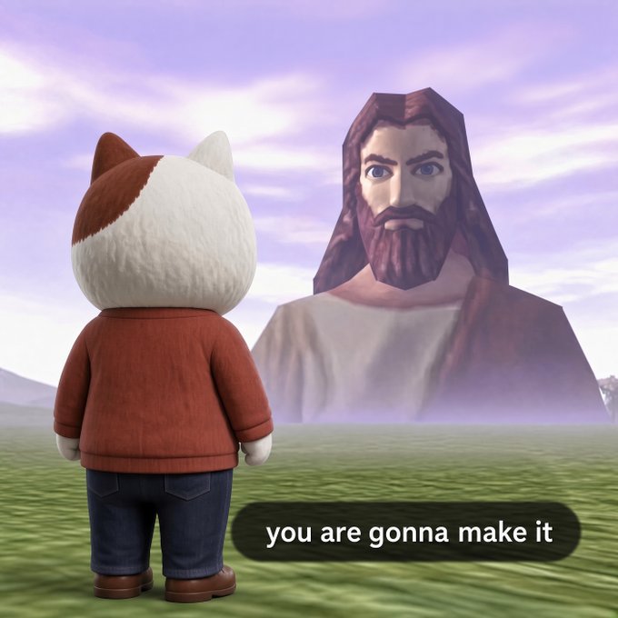 A 3D rendered scene of a cat character in a brown sweater facing a large bearded figure in a field, with a caption reading "you are gonna make it".