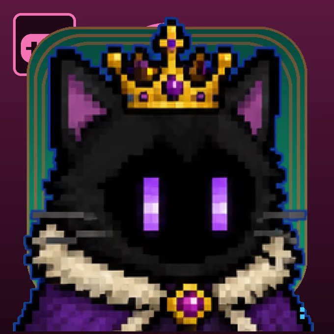 A pixel art illustration of a black cat-like creature wearing a gold crown and a purple cape with a jeweled collar.