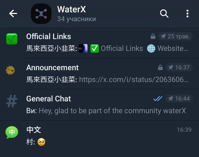 The image shows a Facebook messenger chat screen with various elements displayed on it. There are several posts and notifications, including an announcement of joining the official WaterX Telegram community, a new post from the creator, and other information related to the group's activity. Some elements in the chat have emojis attached, like a smiley face and thumbs up icons. A "General Chat" message is also posted, indicating that users can share ideas and information with each other within this conversation group. The presence of these features makes it clear that the image captures an active Facebook messenger chat among its members.