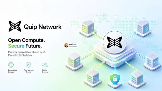 A promotional banner for Quip Network with the slogan 'Open Compute. Secure Future.' featuring illustrations of interconnected server nodes with a butterfly logo.