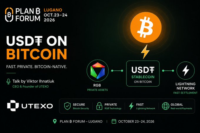 Promotional slide for Plan B Forum Lugano (Oct 23-24, 2026) advertising a talk on USD₮ on Bitcoin by Viktor Ihnatiuk, CEO of UTEXO, highlighting its integration with RGB, the Lightning Network, and stablecoin features.