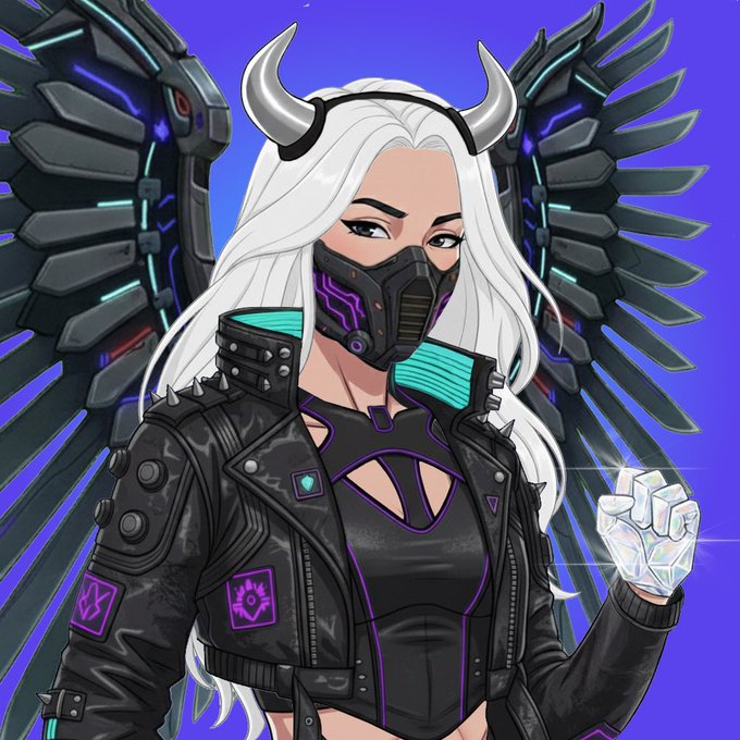 The image features an illustration of a woman with white hair, wearing a black leather jacket and a mask over her face. She has wings attached to her back, giving her a unique appearance. The background of the image is blue, which contrasts with the white hair of the woman. There are also some text elements in the image that read "GM to the diamond hands Let start this week with some mega bounties you definitely don't want to miss @CroutonJonesCJT Founder pass loading @Omerta_SOL 250k Bond is live Every mint is your entry. We are only few NFTs left to sold out Good luck let have a great week". The woman's attire and the blue background create an interesting visual contrast, making her stand out in the image.