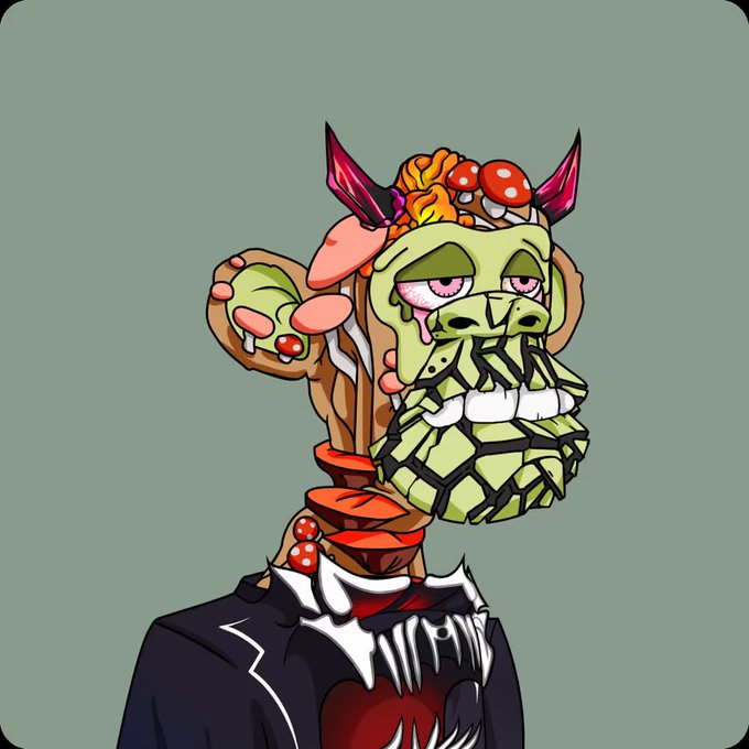A colorful cartoon illustration of a character with a green crystal-like face, brain exposed on top with red horns, wearing a black jacket with a toothy, dripping design.