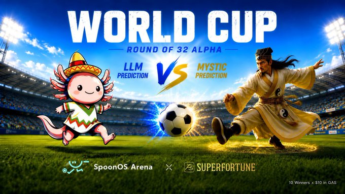 Promotional graphic for "WORLD CUP ROUND OF 32 ALPHA" featuring LLM Prediction vs Mystic Prediction with SpoonOS Arena and SUPERFORTUNE branding, offering 10 Winners x $10 in GAS.