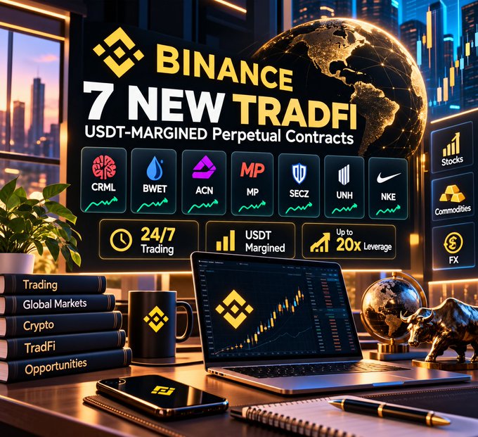 A Binance promotional graphic advertises '7 NEW TRADFI USDT-MARGINED Perpetual Contracts' with tickers CRML, BWET, ACN, MP, SECZ, UNH, and NKE displayed.