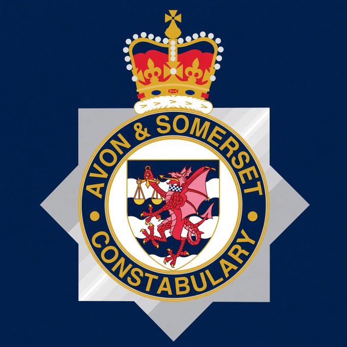The image displays the official badge of the Avon & Somerset Constabulary, featuring a red dragon holding scales on a checkered shield, topped with a royal crown and surrounded by the force's name in gold lettering, directly representing the UK police agency that seized £1.03M ($1.36M) in crypto and cash linked to darknet marketplace crimes from 2016-2019.