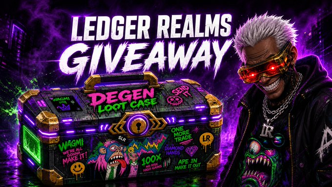 A promotional banner titled 'LEDGER REALMS GIVEAWAY' featuring a character with white hair and red goggles, alongside a decorated loot case labeled 'DEGEN LOOT CASE' on a dark purple background.
