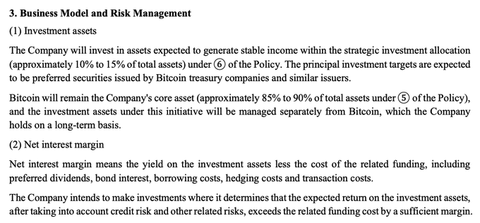 A document excerpt about Business Model and Risk Management describing investment assets, net interest margin, with Bitcoin remaining the core asset (85-90% of total assets).
