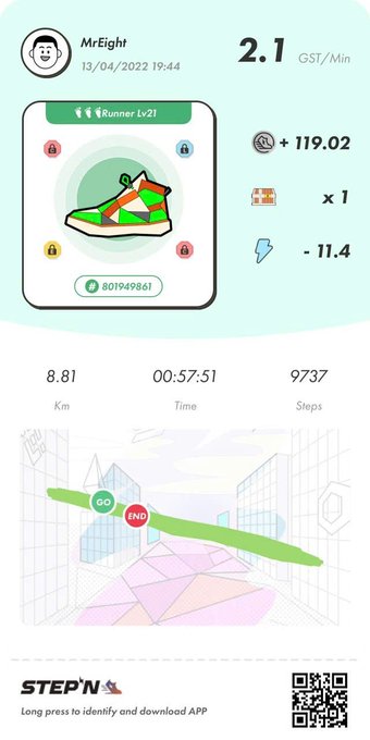 A STEP'N app screenshot showing a 'Runner Lv21' sneaker NFT with earnings of 2.1 GST/Min, displaying running stats of 8.81 km in 00:57:51.