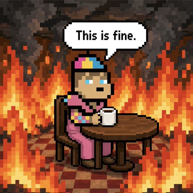 A pixel art meme showing a character sitting calmly at a table with a coffee mug while surrounded by flames, saying 'This is fine.'