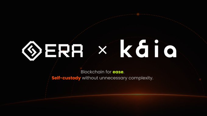 A dark promotional graphic with orange accents advertises a partnership between "ERA" and "k8ia," promoting self-custody blockchain technology.