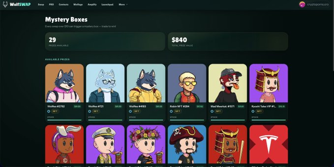 A screenshot of the WolfSWAP website showing a 'Mystery Boxes' marketplace section with 29 prices available and $840 total pool value, featuring NFT character cards like 'Wolfie', 'Waffles', 'Robin', 'Mad Maestri', and 'Kiyoshi Toko'.