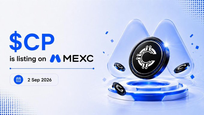 The image is a promotional graphic announcing that Cluster Protocol ($CP) is listing on MEXC on September 2, 2026, featuring a futuristic blue and white design with a large $CP token coin displayed on a sleek circular platform. The graphic reinforces the listing announcement's key details, highlighting the ticker symbol and exchange partnership alongside the specified date.
