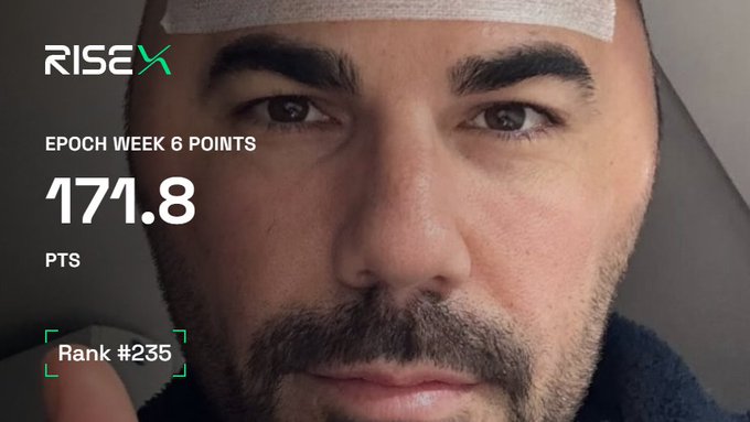 A 'RISEX' promotional graphic featuring a close-up of a man's face, displaying 'EPOCH WEEK 6 POINTS 171.8 PTS' and 'Rank #235' with a target reticle over his eye.