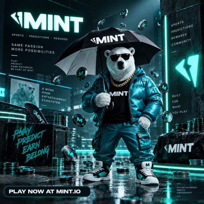 An advertisement for 'MINT' featuring a polar bear mascot wearing sunglasses and a teal puffer jacket, holding an umbrella, with text including 'SPORTS PREDICTIONS REWARDS', 'SAME PASSION MORE POSSIBILITIES', and 'PLAY NOW AT MINT.IO'.