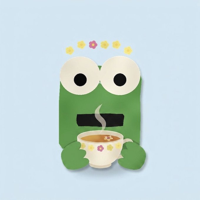 Illustration of a green blocky monster character with large eyes, decorated with yellow and pink flowers, holding a steaming teacup against a light blue background.