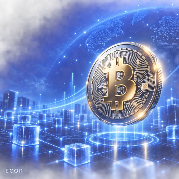 A golden Bitcoin coin floats above a futuristic blue digital landscape featuring a globe and networked cubes, with "ECOR" text in the bottom-left corner.