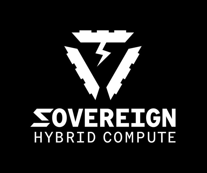 The image displays a black logo featuring a stylized white geometric emblem resembling a fortress or industrial structure, above the text "SOVEREIGN HYBRID COMPUTE" and the website "sovereignhybridcompute.com." It serves as branding for the company mentioned in the post, which promotes their SHC API as an autonomous, KYC-free compute service for AI agents paying in Bitcoin.
