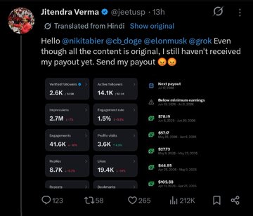 A screenshot of Jitendra Verma's tweet showing his X account analytics, highlighting 2.6K followers and 14.1K active followers, alongside multiple revenue payouts ranging from $576.18 down to $903.58, with him tagging Elon Musk, Nikitabier, Doge, Lonmuss, and Grok to demand his owed payout.
