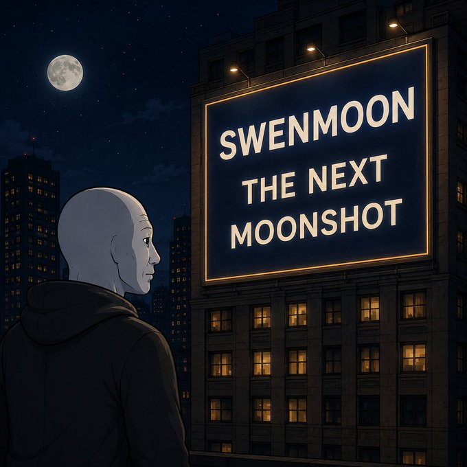 An illustrated nighttime scene of a bald figure in a hoodie looking up at a large illuminated billboard on a building that reads 'SWENMOON THE NEXT MOONSHOT', with a full moon in the starry sky.