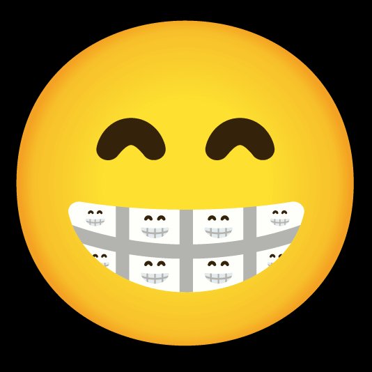 A yellow emoji face with squinted, smiling eyes and a wide grinning mouth revealing braces on its teeth.
