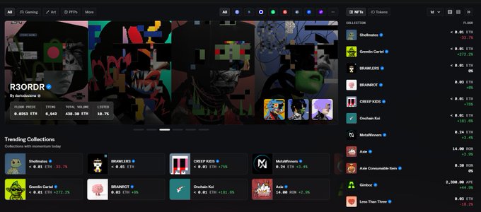 The image shows a digital NFT marketplace interface displaying a trending collections page, with "Onchain Koi" highlighted in the "Trending Collections" section. The page features various NFT collections including R3QRDX (the featured item), ShibuMouse, Brainless, Gremlin Cartel, Creep Kids, MetaMintmiers, Axie, Axie Commutable Items, and Gimboc, along with their respective price changes and ETH values. The inclusion of Onchain Koi on this trending page directly aligns with the post announcing its recent appearance on the platform's trending listings.