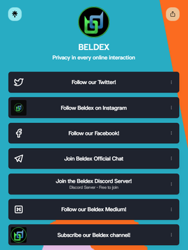A promotional screenshot for Beldex ($BDX) featuring a teal background with the Beldex logo and the tagline "Privacy in every online interaction," displaying a list of social media links to follow including Twitter, Discord, Medium, Facebook, Instagram, and the official Beldex chat to support the post's awareness campaign about the new 50k Nucleus giveaway.