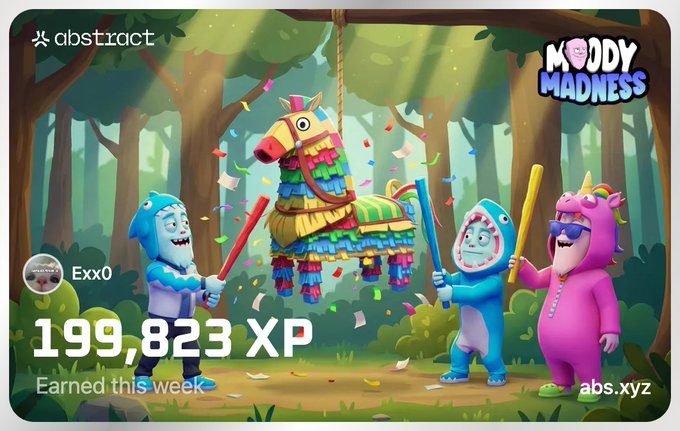 Abstract platform promotional graphic showing '199,823 XP Earned this week' by user 'Exx0' alongside cartoon characters with a colorful piñata horse.