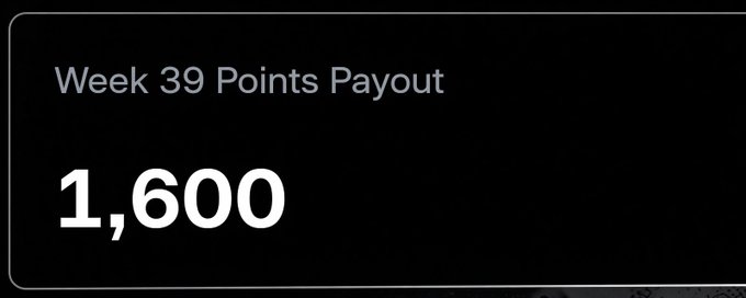 The image shows a black sign with white text that says "Week 39 Points Payout 1,600". The numbers 1,600 are displayed at the top of the sign. This information suggests that Pacifica has achieved a significant milestone by reaching 1,600 points in a single week. The post also mentions that this achievement is related to the Solana ecosystem and highlights Pacifica's success in securing a substantial amount of points for themselves.