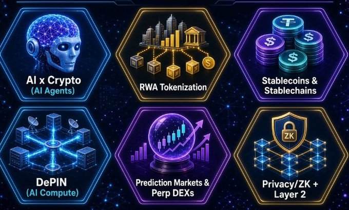 A crypto-themed infographic displaying six hexagonal categories: 'AI x Crypto (AI Agents)', 'RWA Tokenization', 'Stablecoins & Stablechains', 'DePIN (AI Compute)', 'Prediction Markets & Perp DEXs', and 'Privacy/ZK + Layer 2'.