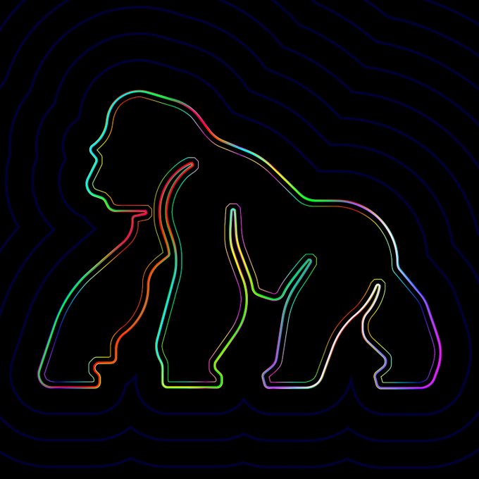 A neon rainbow outline depicts a gorilla on a black background with subtle concentric line patterns, visually referencing the post's mention of "$APE" by showcasing a stylized ape silhouette in mint-condition, vibrant detail.