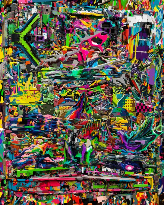 "The Last Juice of the Servers" by artist X is a digital art piece featuring a collage of various images, including a cartoon-like depiction of a green arrow pointing left with a "1/1" written below it. The artwork is displayed on a canvas or wall and is titled "The Last Juice of the Servers".