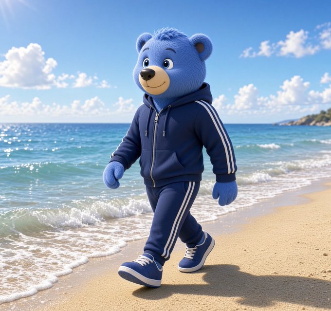 A blue teddy bear mascot wearing a navy blue tracksuit walks along a sunny beach with the ocean in the background.