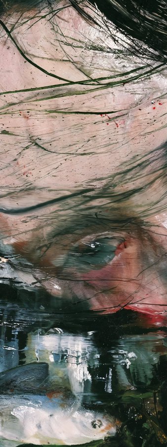 A close-up artistic image shows a person's eye and face partially obscured by wet, dark hair, with raindrops visible and water reflections in the lower half.