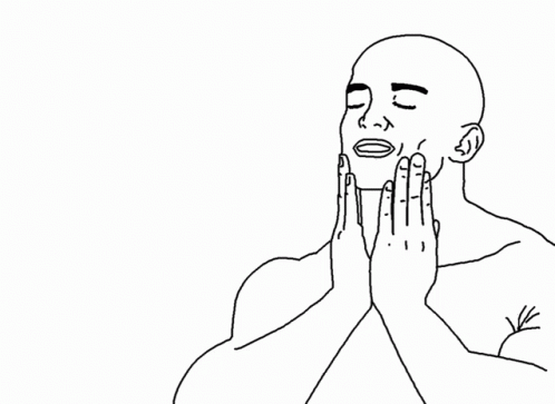 A black-and-white line drawing of a bald figure with their hands pressed against their cheeks, eyes closed in a distressed or overwhelmed expression.