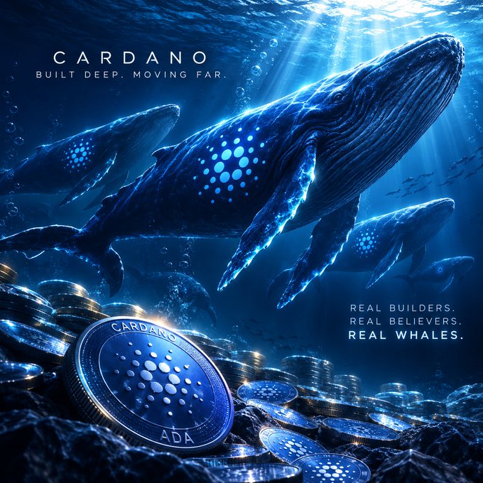 A promotional graphic for Cardano (ADA) featuring whales underwater surrounded by ADA coins, with the text 'BUILT DEEP, MOVING FAR' and 'REAL BUILDERS, REAL BELIEVERS, REAL WHALES.'
