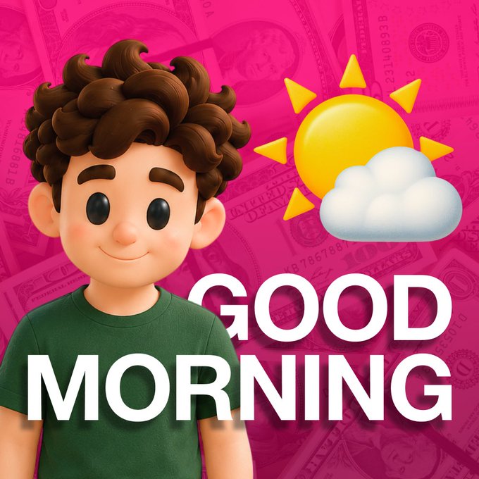 A cartoon character with curly brown hair and a green shirt stands against a pink background featuring dollar bill patterns, alongside a sun-and-cloud weather icon and the bold white text "GOOD MORNING"—a cheerful visual greeting that pairs perfectly with the uplifting "GM family! Own this Sunday. Recharge wise." message about embracing the new day with positivity.
