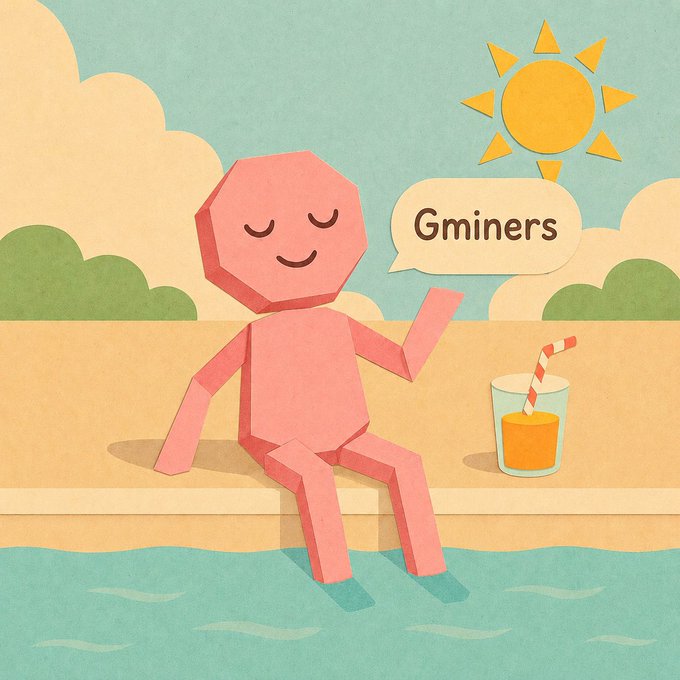 The image features a cartoon character, likely a pink robot or toy, sitting by a pool with its arms raised as if waving at someone. The character appears to be enjoying a relaxing day outdoors. In the background, there are two objects that seem out of place - a glass filled with orange juice and a straw. The post also includes text that reads "Gminers Hope your weekend is peaceful and full of good vibes. Take some time to recharge. More exciting things ahead for @redstone_defi".