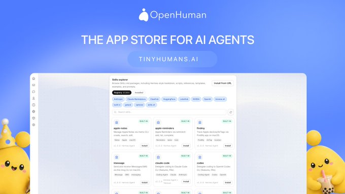 A promotional webpage for OpenHuman, branded as 'THE APP STORE FOR AI AGENTS' with the URL 'TINYHUMANS.AI', featuring a data explorer interface with various plugin cards and two yellow mascot characters wearing party hats.