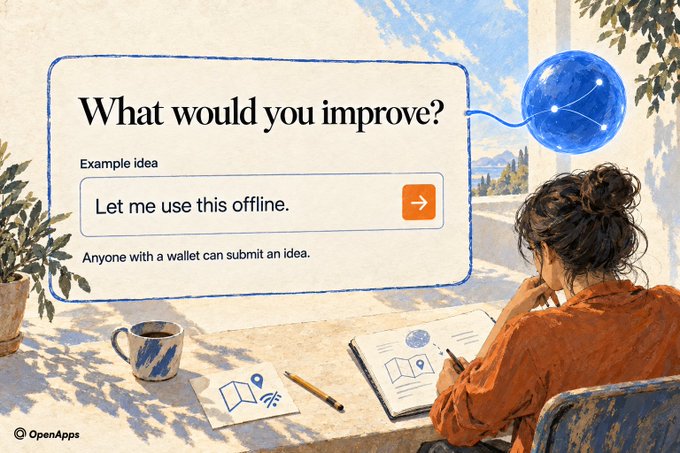An illustrated graphic showing a woman sketching at a desk with a speech bubble asking 'What would you improve?' featuring an example idea 'Let me use this offline.' and the OpenApps logo.