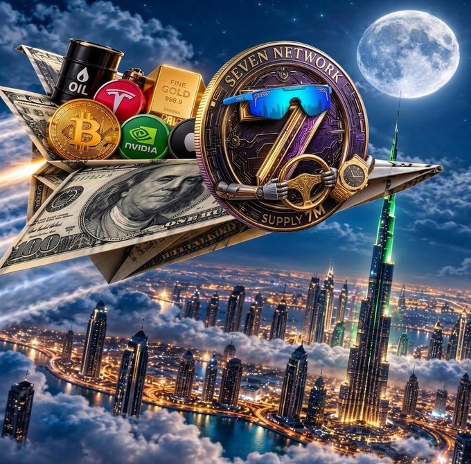 A digital artwork featuring a 'SEVEN NETWORK' cryptocurrency coin with sunglasses and a gold chain, surrounded by money, gold, Bitcoin, Tesla, NVIDIA, and oil barrel, flying over a futuristic Dubai skyline at night with a full moon.