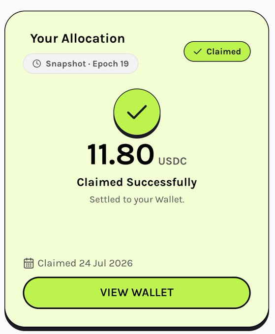 A digital interface showing 'Your Allocation' has been 'Claimed' successfully with '11.80 USDC Settled to your Wallet' on Snapshot Epoch 19, dated 24 Jul 2026.